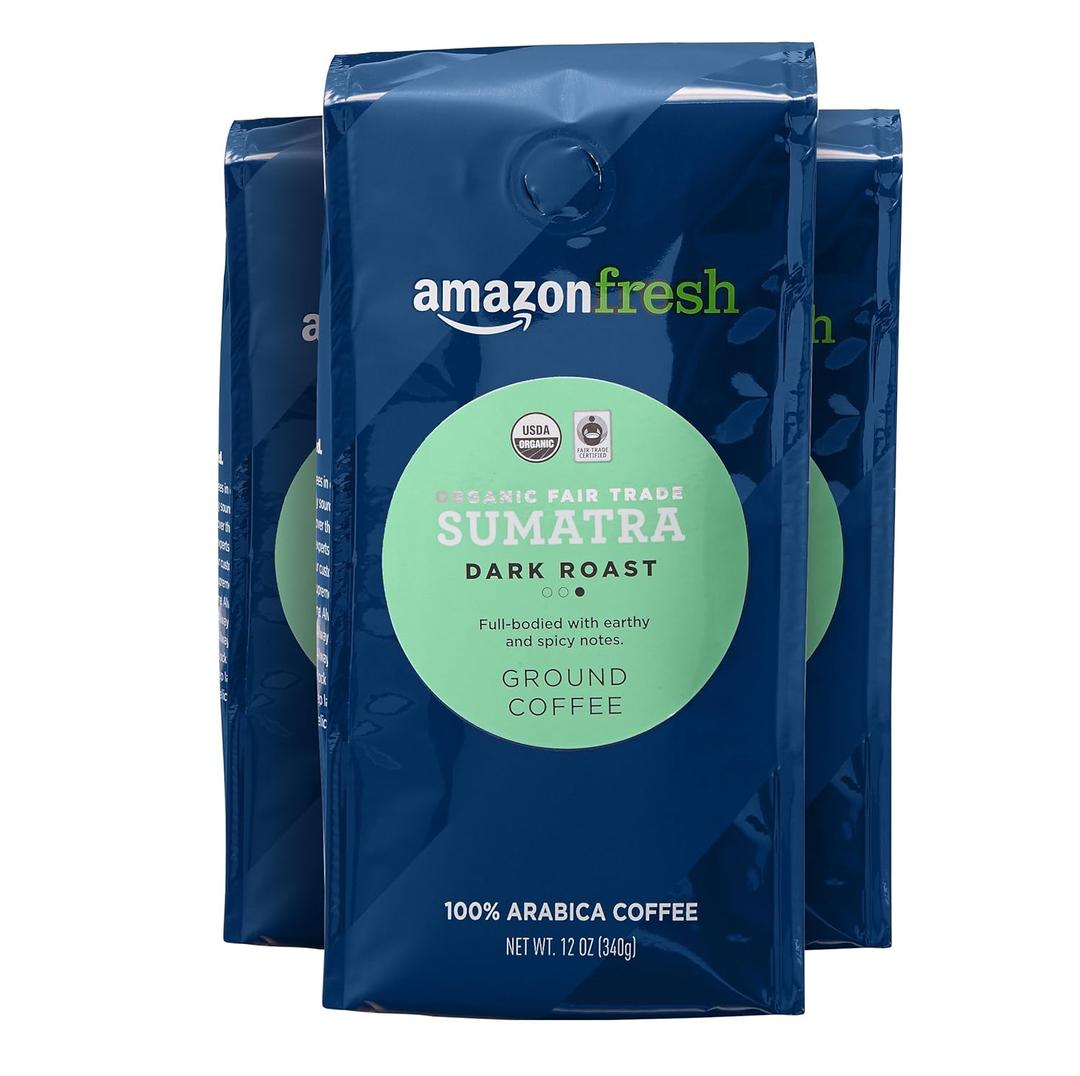 Amazon Fresh Organic Fair Trade Sumatra Ground Coffee, Dark Roast, 12 Ounce (Pack of 3) (EXP 02/16/27)