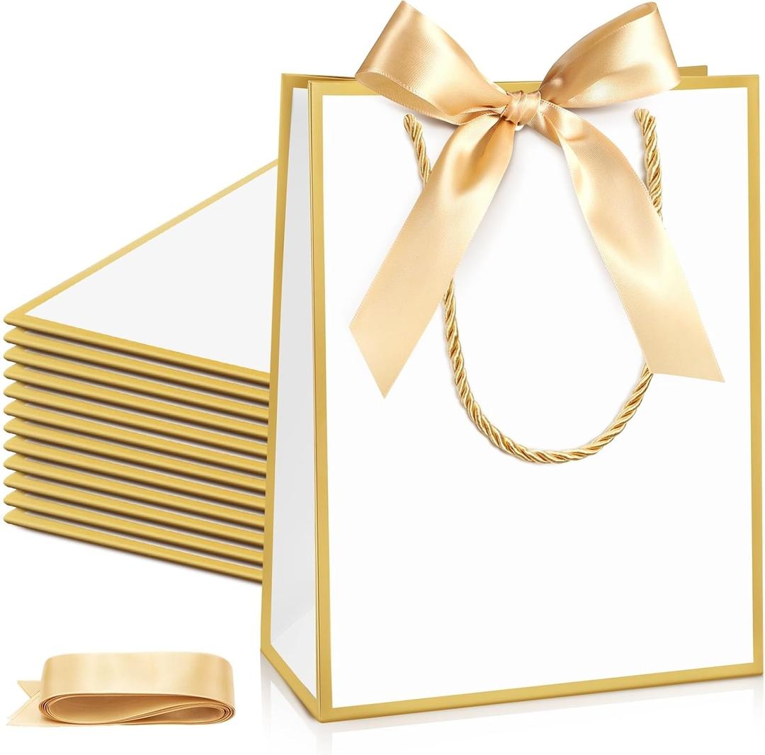 Silkfly Paper Gift Bags with Handle 9x7x3.15'' Thank You Gift Bags with Bow Ribbon for Graduation Appreciation Holiday Wedding Bridal Baby Shower Birthday Party Supplies (White, Gold, 24 Pcs)