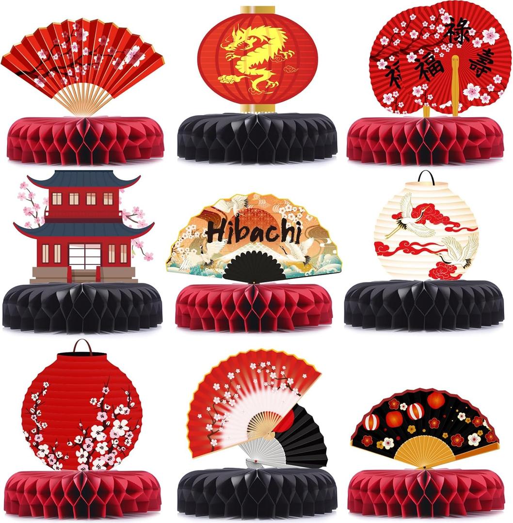 Pajean 9 Pcs Hibachi Birthday Party Decorations Japanese Party Decor Honeycomb Centerpieces Paper Fans Asian Table Decor Cherry Blossom for Baby Shower Wedding Birthday Supplies