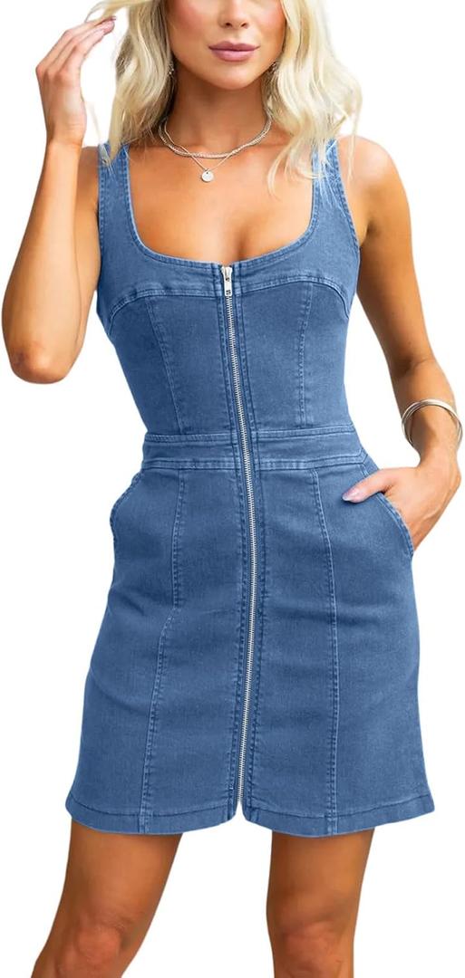 Womens Summer Casual Tank Denim Dress Sleeveless Zipper Front Mini Sexy Jean Dresses with Pockets,Small