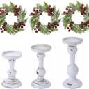 Mumufy 6 Pcs Christmas Candle Holders for Pillar Candles Rustic Wooden Farmhouse Vintage Christmas Table Centerpiece Decoration Tall Xmas Candlestick Wreath Ring for Dinning Fireplace Mantel Decor