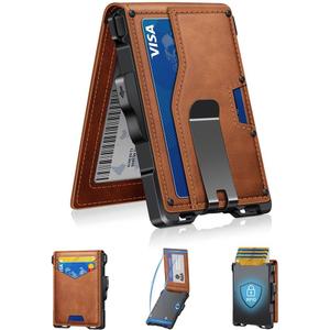 Wallet for Men, Minimalist Slim Mens Wallet with Money Clip, RFID Blocking Smart Pop Up Card Wallet with ID Window, Compact Bifold Wallet, Metal Aluminum Credit Card HolderBrown