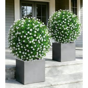 Artificial Lotus Topiary Ball Trees for Outdoor Set of 2 Fake Plant Bushes with Ground Spike UV Resistant Faux Shrubs for for Garden Front Porch, White