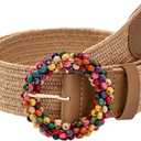 Verdusa Women's Western Belt Cowgirl Boho Straw Belts Round Buckle Elastic Waist Belt (Beige)