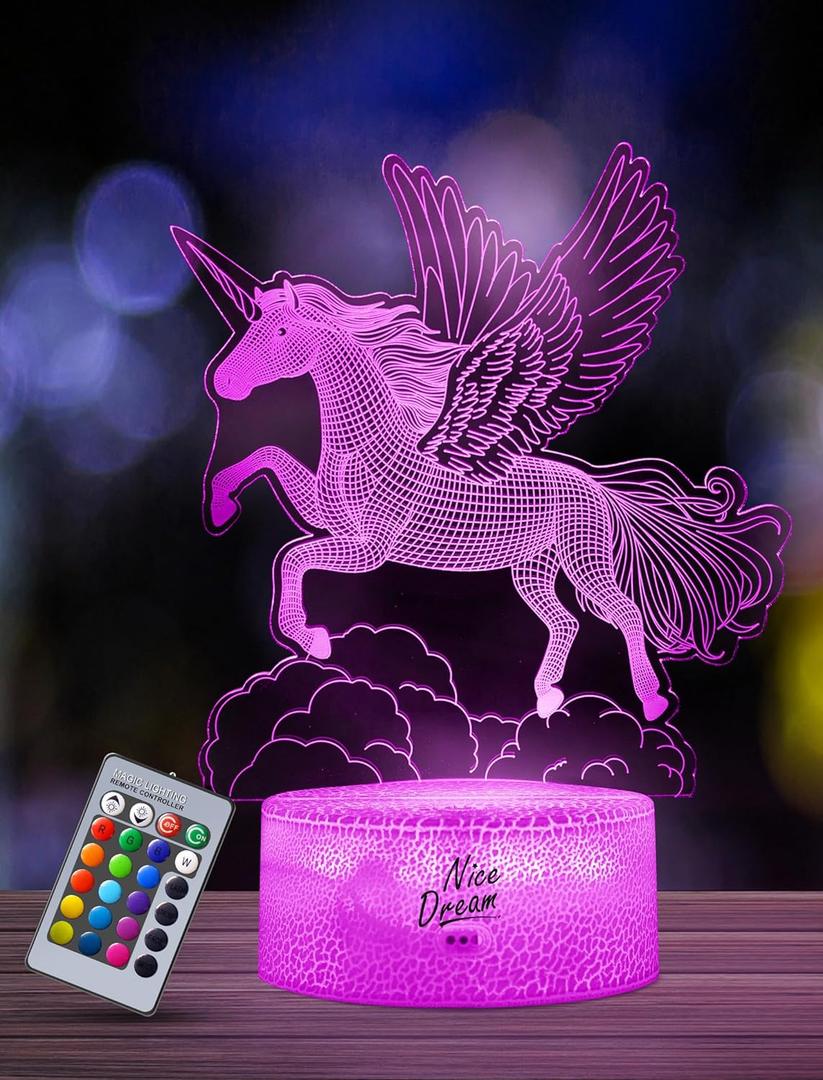 Nice Dream Unicorn Night Light for Kids, 3D Illusion Night Lamp, 16 Colors Changing with Remote Control, Kids Room Decor, Toys Gifts for Children Boys Girls