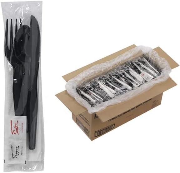 100 Plastic Cutlery Packets - Knife Fork Spoon Napkin Salt Pepper Sets | Black Silverware Sets Individually Wrapped Cutlery Kits, Bulk Plastic Utensil Cutlery Set Disposable To Go Silverware