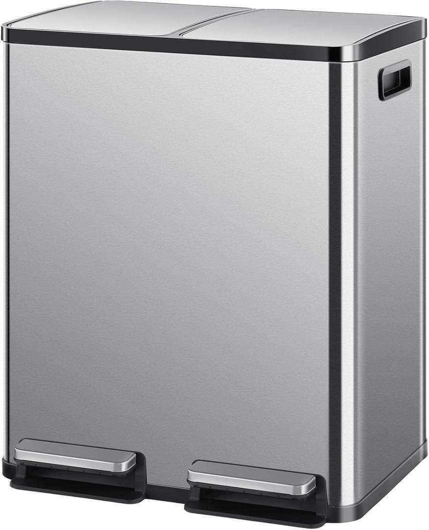 Homee 16 Gallon Trash Can Soft-Close Lid, Recycling Kitchen Trash Can with Foot Pedal and Removable Inner Bucket, 60 Liter Stainless Steel Waste Bin