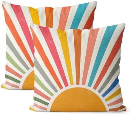 JEFERSO Summer Pillow Covers 18x18 Set of 2 Colorful Stripes Yellow Sunshine Decorations Outdoor Throw Pillows Boho Rainbow Sun Pillowcase Linen Decor Modern Farmhouse Cushion Case for Home Bedroom