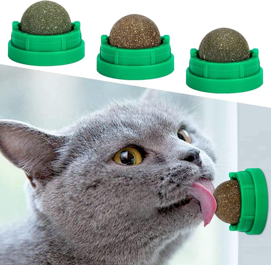 3 Pack Catnip Balls, Catnip Ball for Cats Wall, Edible Kitty Toys for Cats Lick, Safe Healthy Kitten Chew Toys, Teeth Cleaning Dental Cat Toys, Cat Wall Treats (Green)