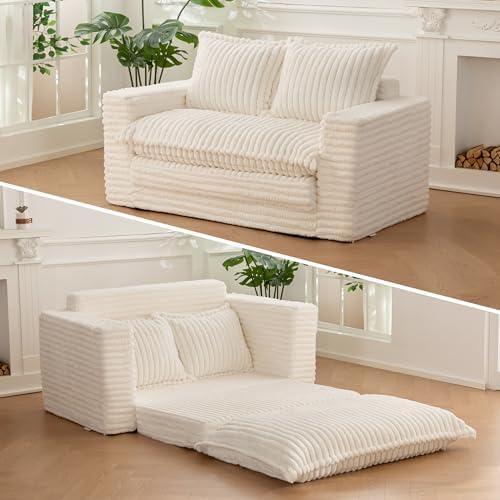 YOSHOOT Loveseat Sleeper Sofa, Convertible Sofa Bed Couch Futon Couches for Living Room, 3-in-1 Pull Out Floor Couch with Washable Cushion and Pillows, Beige