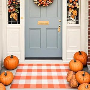 Fall Cotton Orange and White Plaid Rug - 27.5 x 43 Inches, Hand-Woven Indoor/ Outdoor Layered Cotton Blend Buffalo Plaid Rug, Washable Front Door Mat, Perfect for Porch, Living Room, Entryway