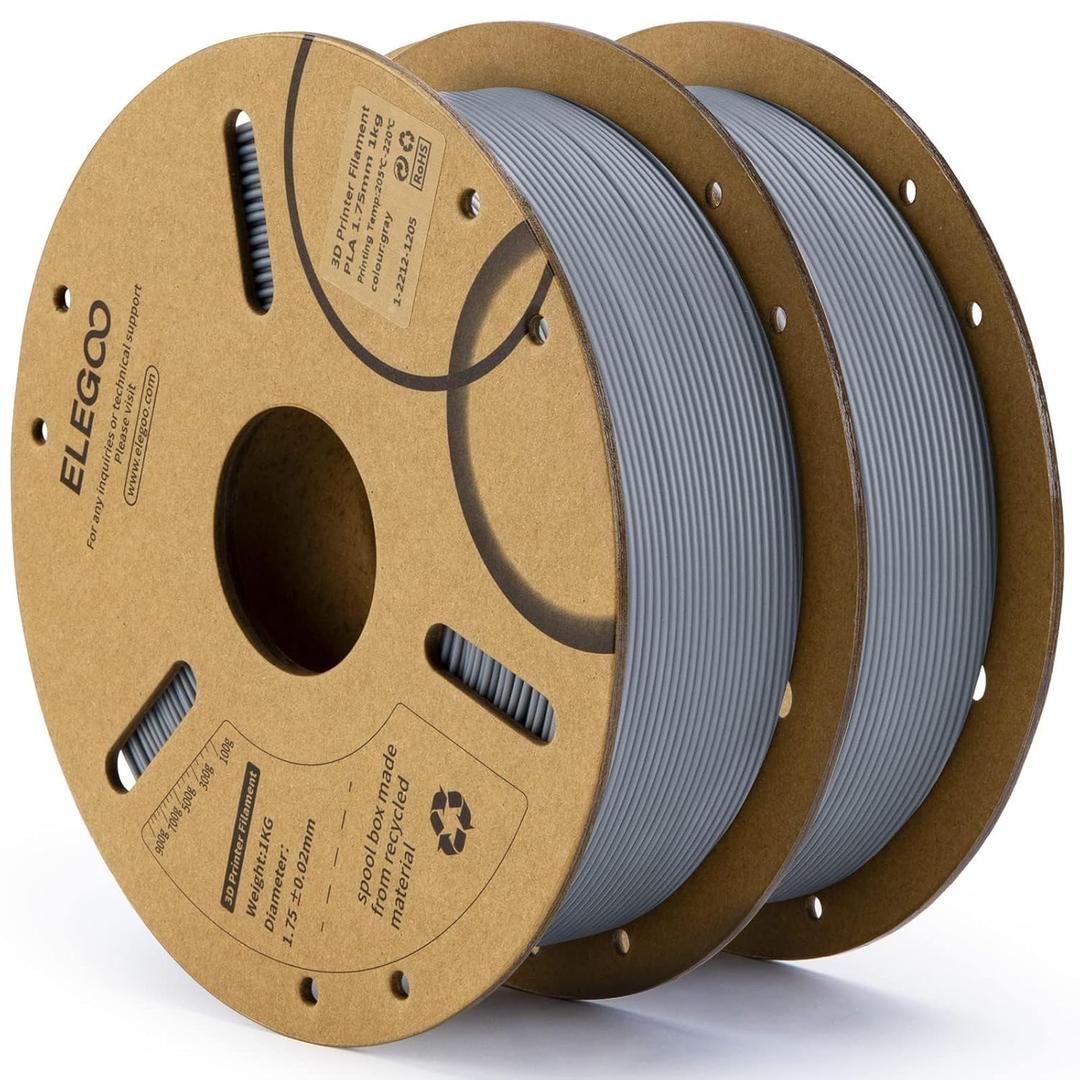 ELEGOO PLA Filament 1.75mm Gray 2KG, 3D Printer Filament Dimensional Accuracy +/- 0.02mm, 2 Pack 1kg Cardboard Spool(2.2lbs) 3D Printing Filament Fits for Most FDM 3D Printers