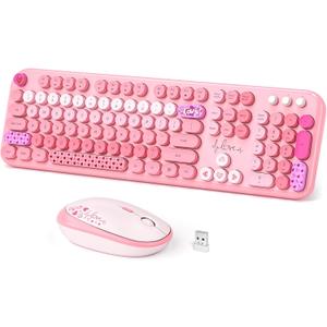 Dilter Wireless Keyboard and Mouse, Typewriter Full Size Keyboard with Number Pad and 2 in 1 USB Connected Mouse for Windows 7/8/10, Laptop, Desktop, PC, Computer (Pink Colorful)