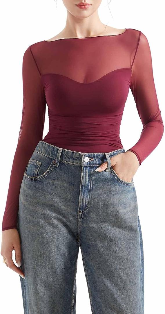 SUUKSESS Women Double Line Mesh Sheer Crop Tank Tops Boat Neck Long Sleeve Shirts (Small, Wine)