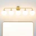 Modern Brushed Brass 5-Lights Bathroom Vanity Light, Lighting Fixtures Over Mirror with Milky White Glass Ball Shades, Wall Sconces for Bathroom Dressing Table Bedroom