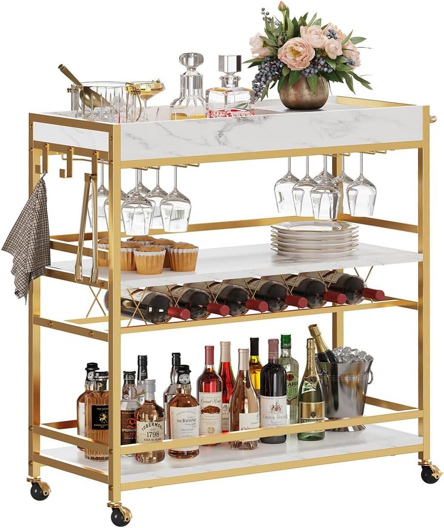BON AUGURE Bar Cart for The Home, Rolling Home Bar Serving Cart on Wheels, 3 Tier Mobile Liquor Beverage Carts with Wine Rack and Glass Holder (Gold & Marbleized White), 13.39"D x 35.83"W x 35.03"H