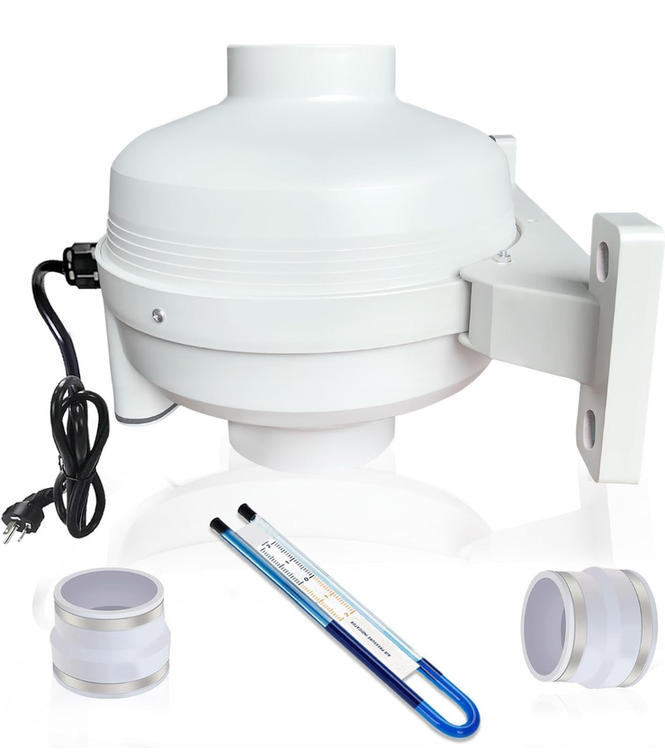 4x3 Inch Radon Mitigation System Kit, Quiet 260CFM Radon Mitigation Fan Inline Duct Fan IP67 Waterproof with soft joint and manometer, High Airflow Exhaust Fan for Indoor Outdoor