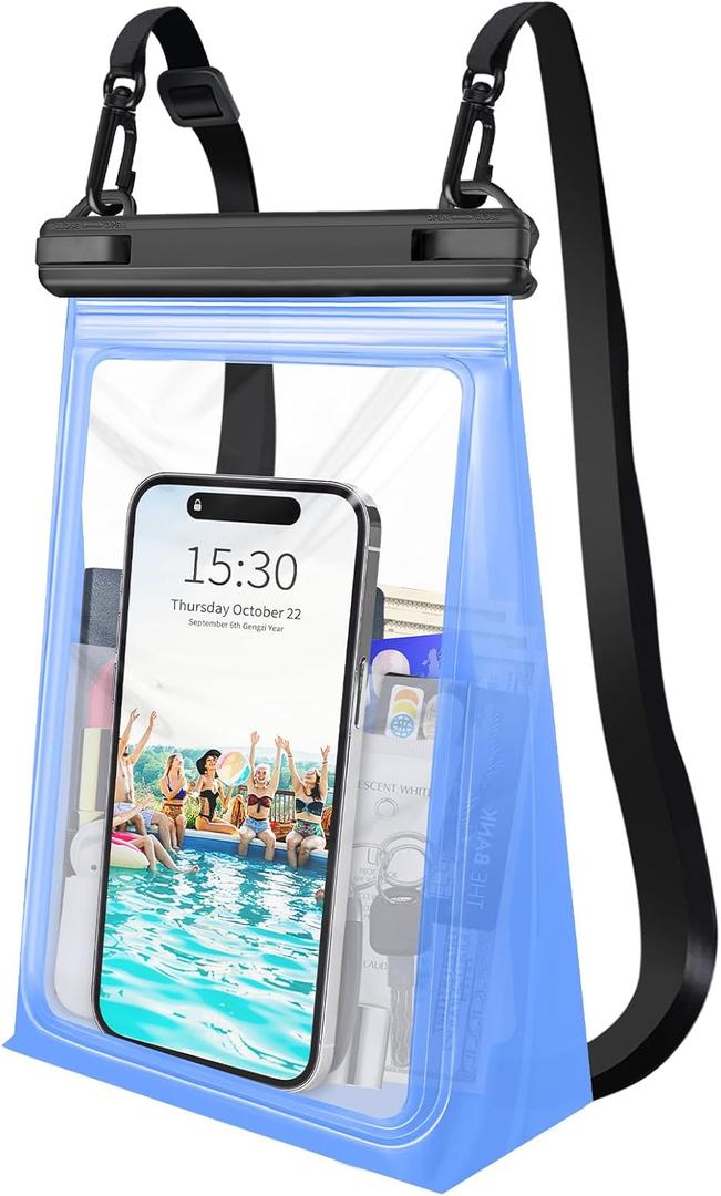 Large Waterproof Phone Pouch Floating, Waterproof Phone Case for iPhone 14 15 Pro Max 13 Plus 12 11 Samsung S23 Ultra S22 up to 8.5'', IPX8 Water Proof Phone Dry Bag for Swimming Kayaking Vacation (Clear Blue)