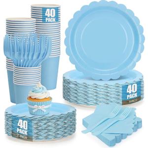 200Pcs Light Blue Party Plates and Napkins, 9and 7 Disposable Scalloped Baby Blue Paper Plates Cups Napkins Forks Set Party Supplies for Birthday, Wedding, Baby Shower Party Decorations, Serves 40