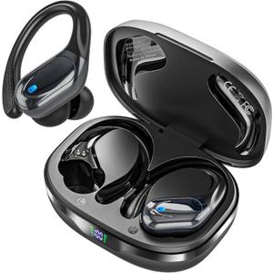 Catitru Wireless Earbuds Bluetooth Headphones 80H Playback Ear Buds Power Display with Noise Canceling Mic with Earhooks for Sports/Workout - Black