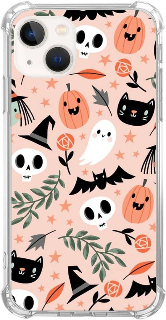 WidofvSpky Trippy Hippie Halloween Phone Case Pumpkin Autumn Fall Cover for iPhone 13, Cute Cats Stars floral Plants Pattern for Girls Boys and Women,Trendy TPU Bumper Case for iPhone 13