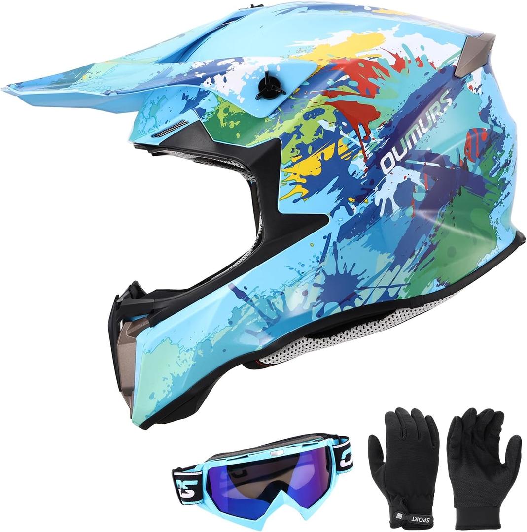 Dirt Bike Helmet for Kids with Goggles & Gloves for Boys & Girls, DOT Certified Kid ATV Helmet Motocross Off Road L