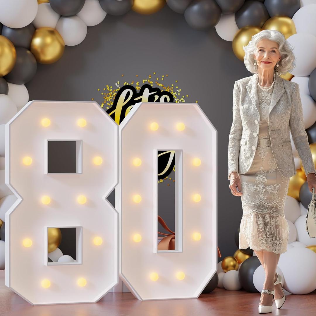 Light Up Numbers 4FT, Number 80 Light Up Sign Marquee Numbers 4 Feet Tall, Large 80 Marquee Number for 80th Birthday Party Decorations Mosaic Nmero