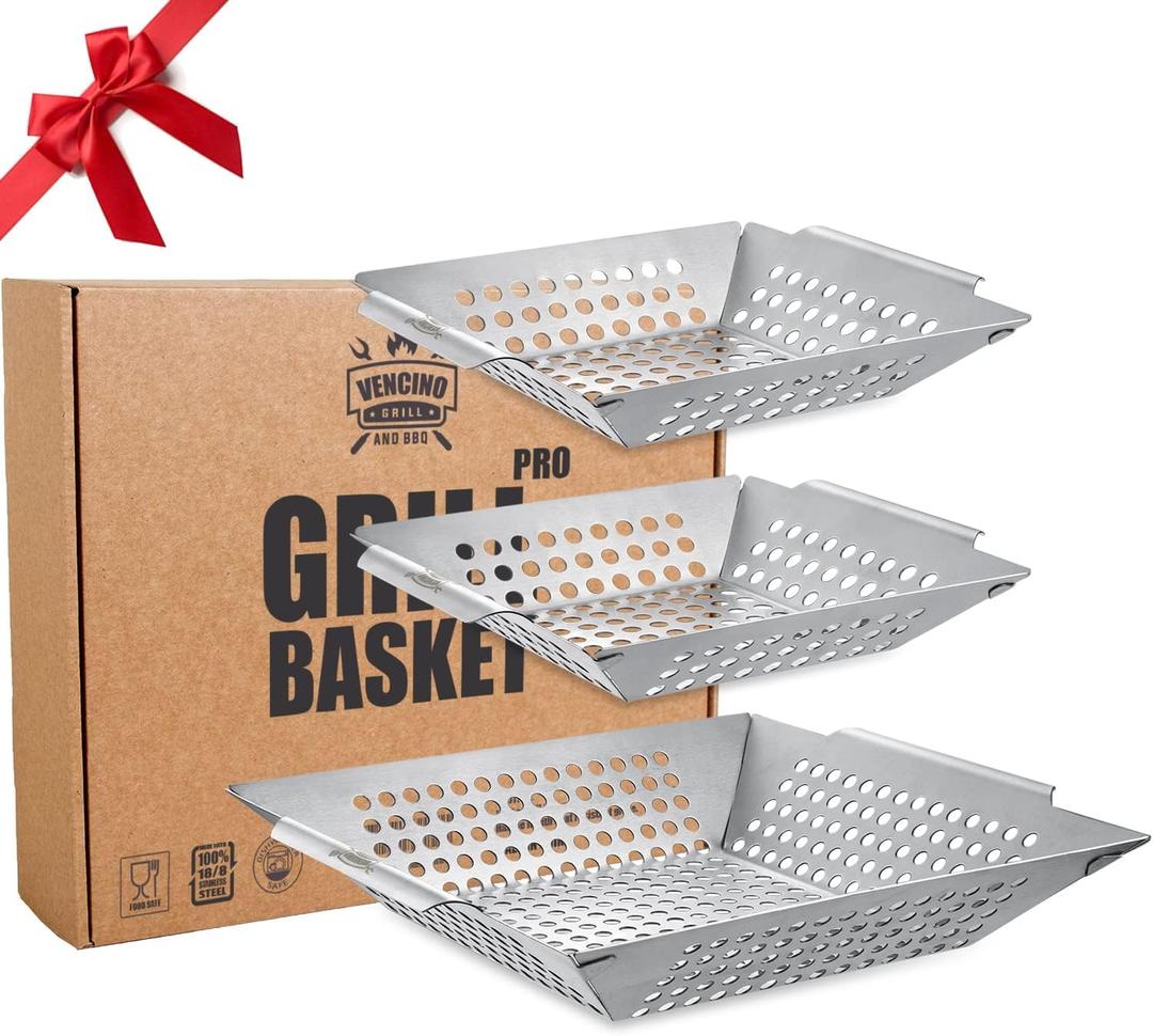 3 Pack Grill Baskets for Outdoor Grill, Heavy Duty Stainless Veggie Pan Set