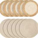 Handmade Round Boho Placemats Set of 6 | Natural Woven & Polyester Braided Combo Table Mats | 12-Piece Versatile Place Mats | Simple Rustic Farmhouse Style Dining Table Decor, Beige Bordered
