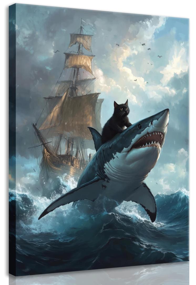 Cartoon Cute Black Cat Wall Art Retro Black Cat Vs Shark Wall Decor Funny Quirky Cat Print Poster Renaissance Animal Canva Painting Picturefor Room Bedroom Living Room Bathroom Framed