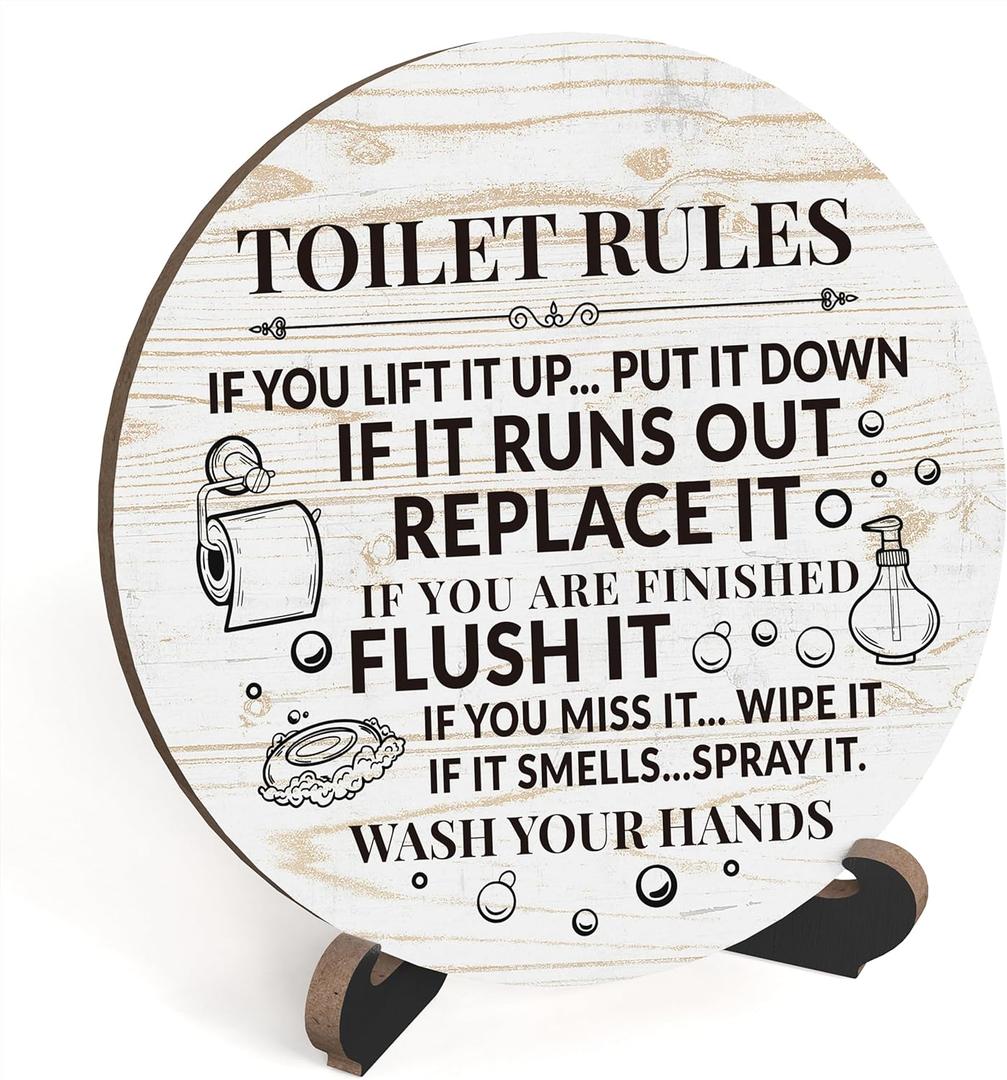 Zmyollo Rustic Bathroom Decor, Funny Round Sign With Stand, Toilet Rules for Shelf, Farmhouse Quote for Restroom Washroom Home Decor Gifts, A01 (White1)