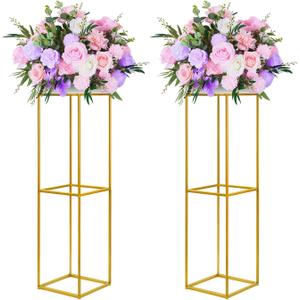 YALLOVE 2 Pcs 31.5 Inch Metal Flower Stand, Gold Centerpieces Vases Stand With Clear Acrylic Sheets, Geometric Display Rack for Wedding Party Decorations