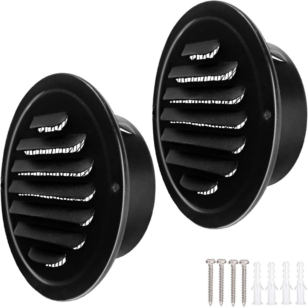 4 Inch Black Soffit Vent Cover,LouanXpert Stainless Steel Round Air Vent Cover Louvered Grille Wall Vent with Built-in Fine Mesh for Garage, Apartment, RV (100mm - 2PCS)