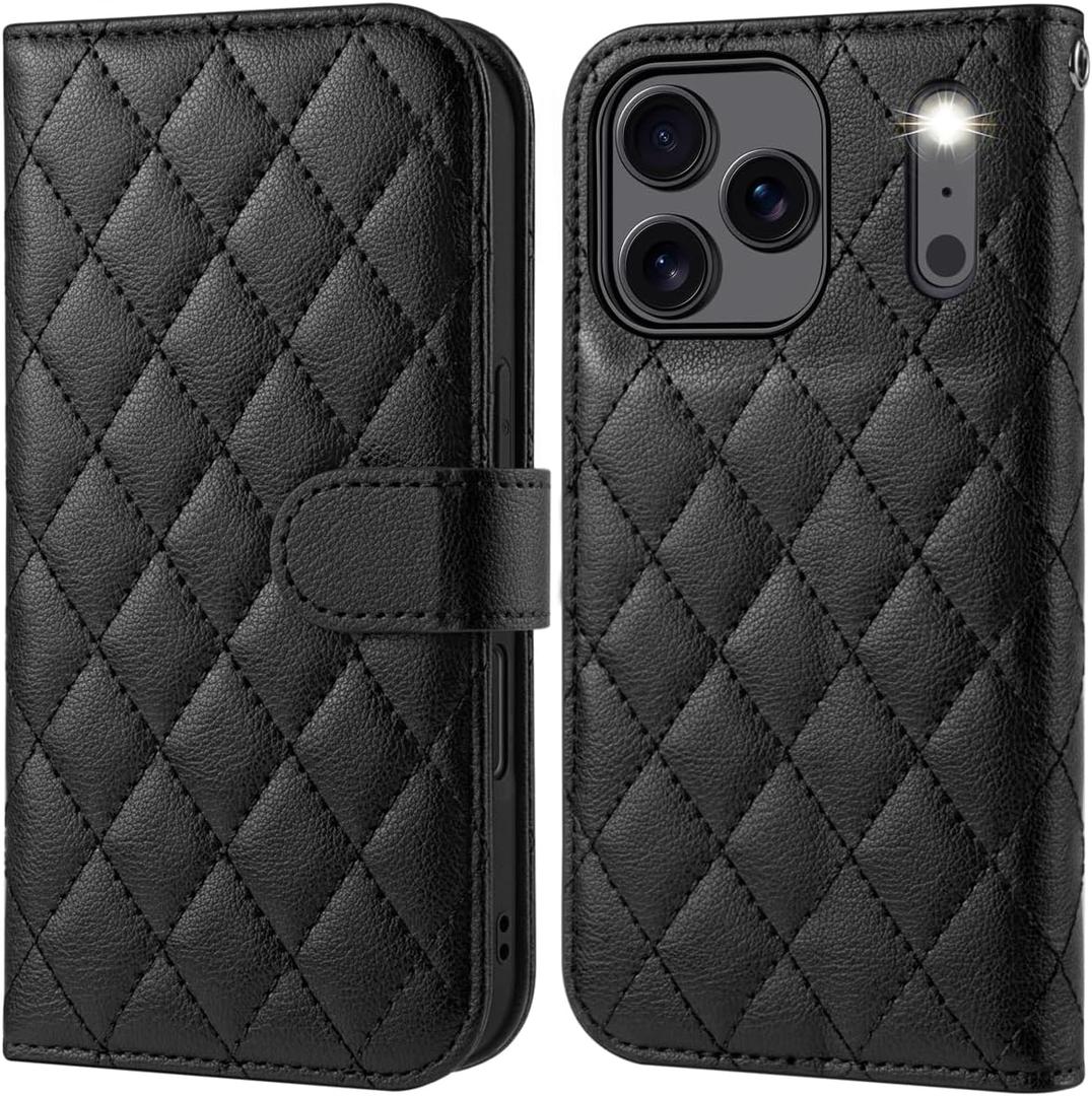 OCASE Compatible with iPhone 17 Pro Max Wallet Case, PU Leather Flip Folio Case with Card Holders RFID Blocking Kickstand [Shockproof TPU Inner Shell] Phone Cover 6.9 Inch 2025, Diamond Check Black