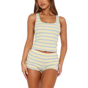 Women Striped Pajamas Set Sexy Sleeveless Crop Vest Elastic Shorts Casual Sleepwear (L)