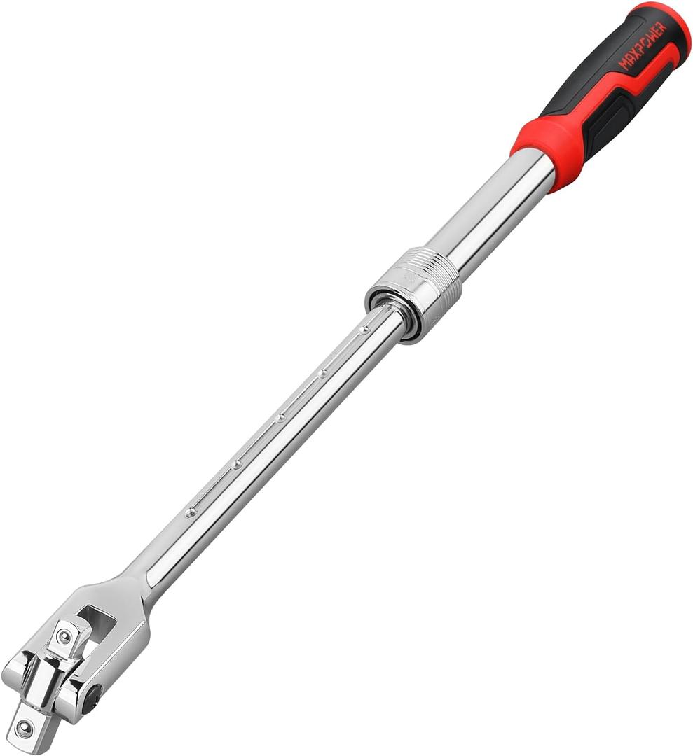 MAXPOWER Extendable Breaker Bar, Dual Head 1/2" & 3/8" Drive 360 Flex Head Cheater Bar, 5-Gear Extending Locking, Extendable Handle 13-3/8" to 18"