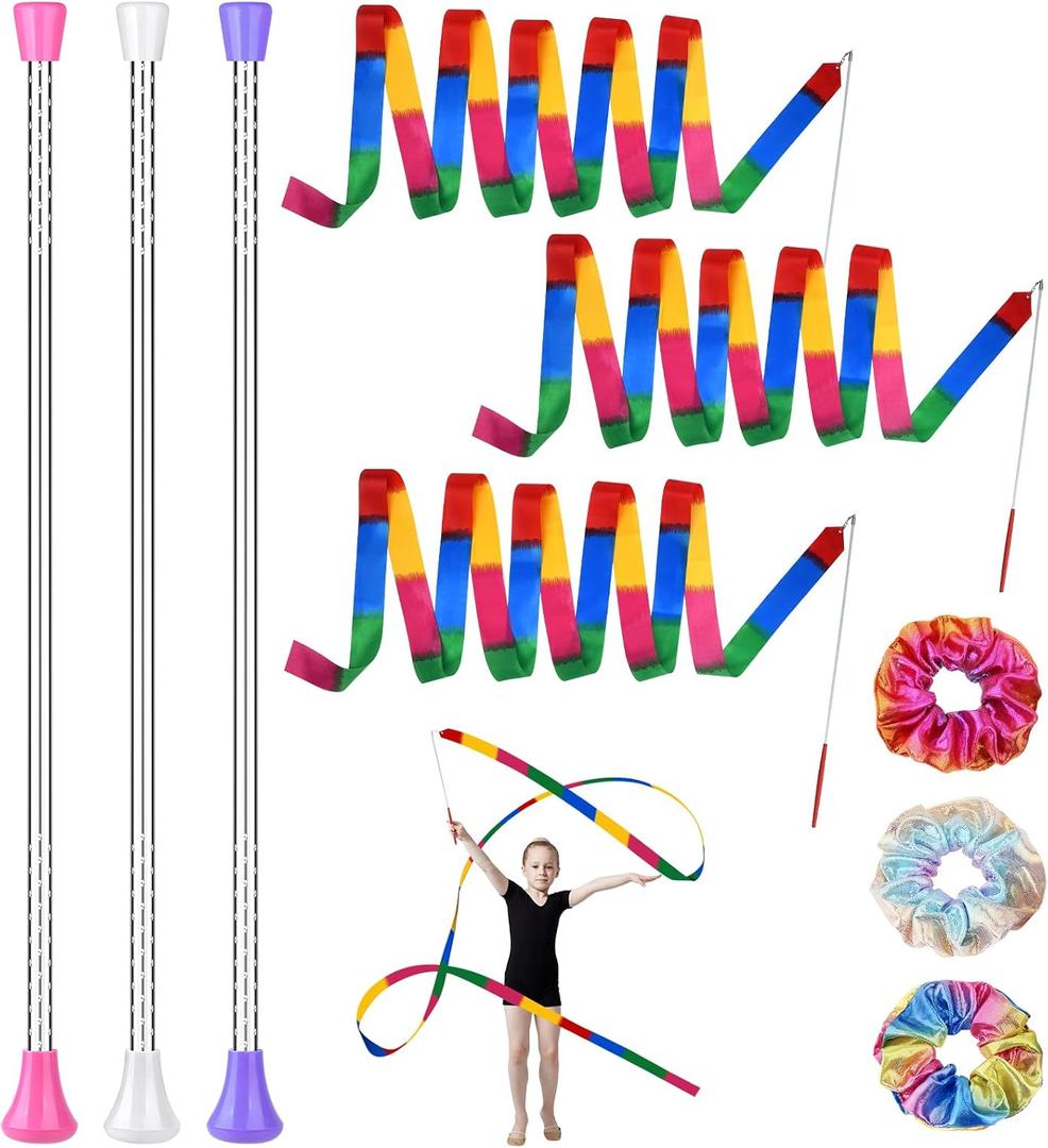 3 Pcs Twirling Batons 3 Pcs Ribbon Dancer Wands and 3 Pcs Rainbow Scrunchies for Kids, PLULON 21in Dance Batons For Baton Twirler, Kids' Gymnastics Twirling Baton for Artistic Dance