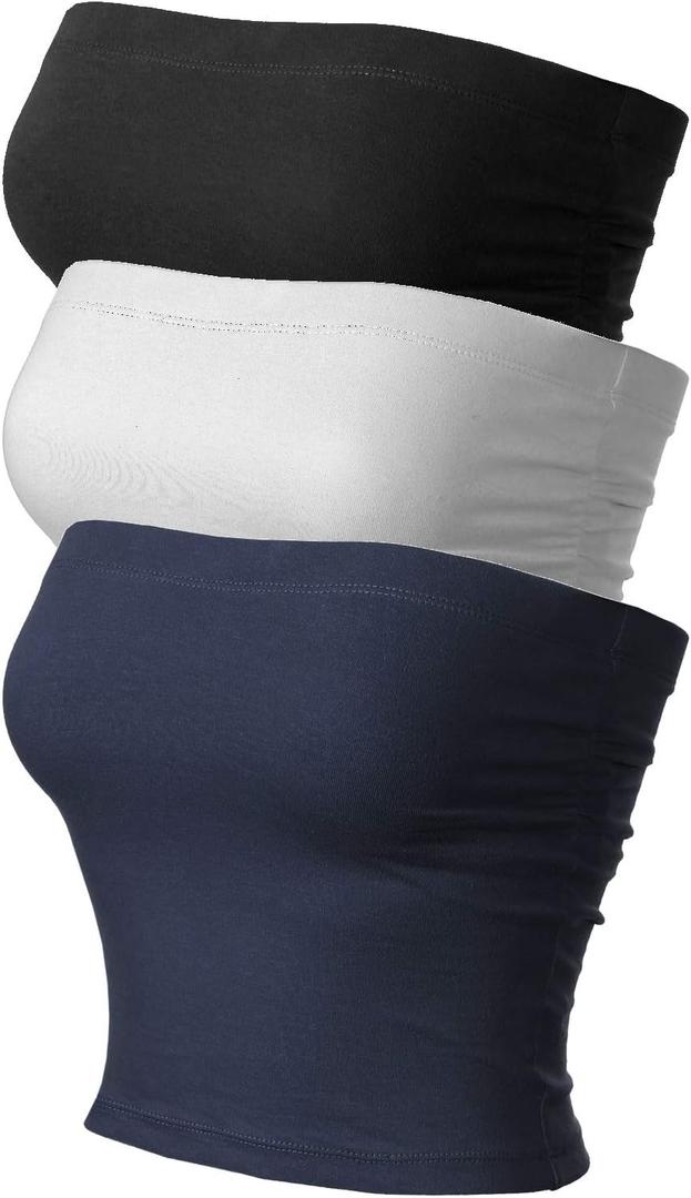 MixMatchy Women's 3 Pack Casual Summer Ruched Side Backless Double Layered Tube Top with Built in Shelf Bra (Large, 3pack - Black/White/Navy)