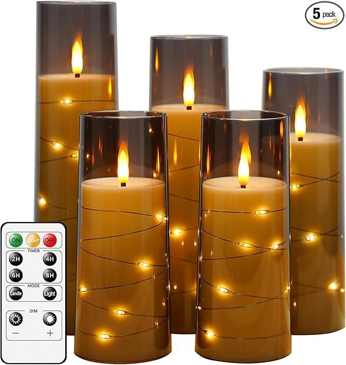 kakoya Flameless LED Candles with Timer 5 Pc Flickering Flameless Candles for Romantic Ambiance and Home Decoration Stable Acrylic Shell,with Embedded Star String，Battery Operated Candles（Grey）