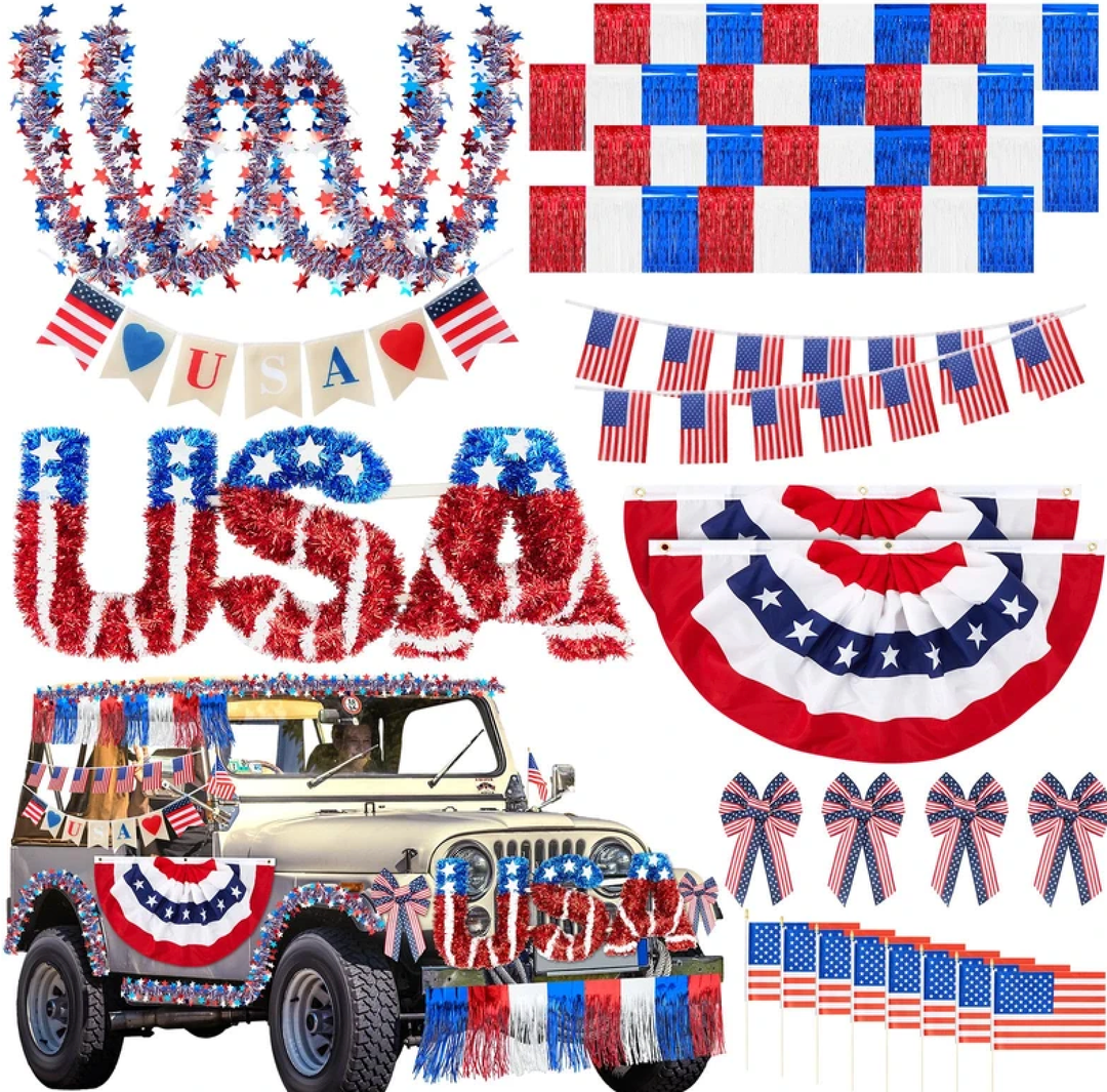 Moucuny 25 Pcs 4th of July Car Parade Decorations Kit Metal Wire Garland Fringe Garlands American Flags Fan Shaped Hanging Flag Banner Bows and USA Tinsel Wreath for Independence Day Car Parade