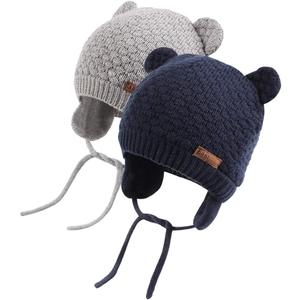 XIAOHAWANG Baby Hat Cute Bear Toddler Earflap Beanie Warm for Fall Winter (0-6 Months, A-set Grey+navy)