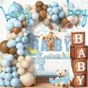 140pcs Teddy Bear Baby Boy Baby Shower Decorations We Can Bearly Wait Party Dusty Blue Brown Balloon Arch | Tacblecloth | Backdrop | 4PCS Baby Box | Baby Boy Foil Balloon | Dad Mom Sash Pin