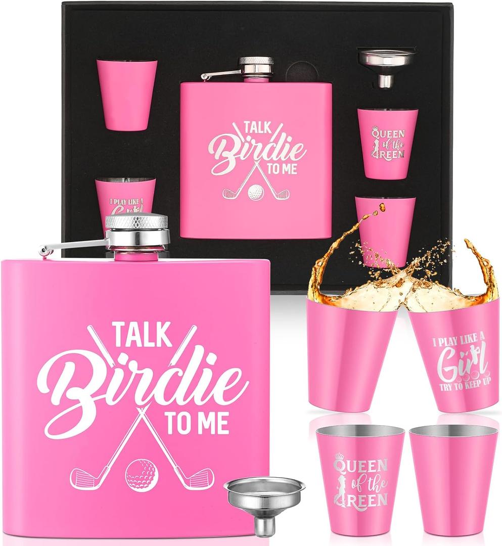 Realspring 6 Pcs Golf Gift Set for Women 6oz Golf Bottle with 4 Stainless Steel Glasses 1 Funnel for Golfers Funny Golfer Accessories for Women Mom Birthday Galentine Gift (Pink)