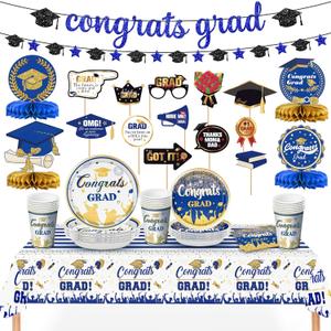 KatchOn, Blue Graduation Decorations 2025 Set - Pack of 162, Serve 25 | Photo Props, Tablewares Set for Grad Table Decorations for Grad Party Supplies | Graduation Party Decorations