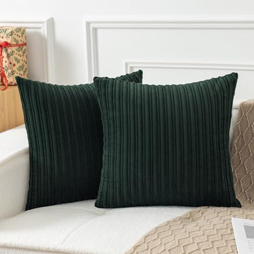 UGASA Velvet 20x20 Inch Soft Throw Pillow Covers Decorative Striped Corduroy Both Sides Solid Square Cushion Cases Boho Farmhouse for Couch Bedroom Sofa Home, Pack of 2, Dark Green
