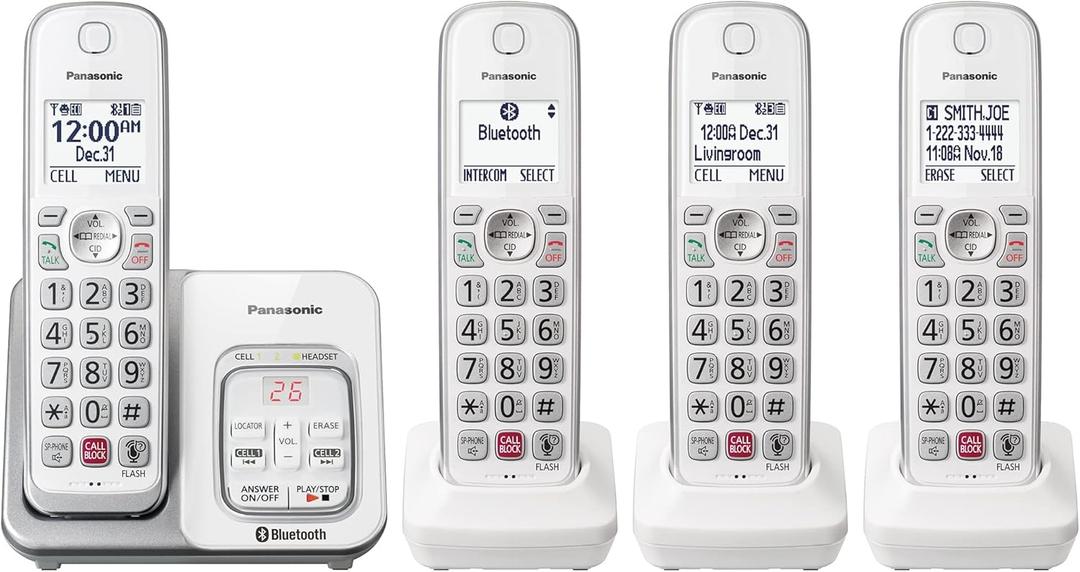 Panasonic Cordless Phone with Answering Machine, Link2Cell Bluetooth Home Phones, Voice Assistant and Advanced Call Blocking, Expandable System with 4 Handsets - KX-TGD864W (White)