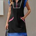 Fisoew Women's Summer Sleeveless Mini Dress Casual Half Zip Cap Sleeve Contrast Loose Sweatshirt Dresses (Medium, Black)