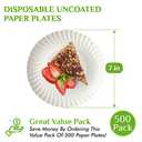FOCUSLINE 7 Inch White Paper Plates, Uncoated Paper Plate, Everyday Disposable Dessert Plates 7" Plate Bulk, Pack of 500 Count