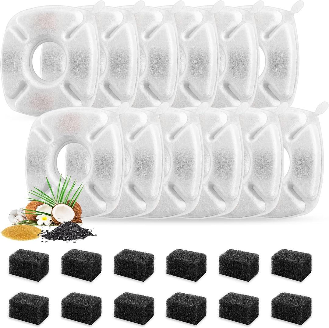 24 Pcs Cat Fountain Replacement Filters 12 Pack Cat Water Fountain Replacement Filters with 12 Pack PreFilter Sponges, Pet Fountain Filter Fit for 95oz/2.8L Automatic Pet Fountain Cat Water Fountain