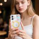 2 x PIXIU Case for iPhone 16 Compatible with Magsafe, Laser Glossy Pattern,Cute Curly Wave Clear TPU Bumper Military Grade Drop tection Phone Cover for Women/Girls -Pink Flower